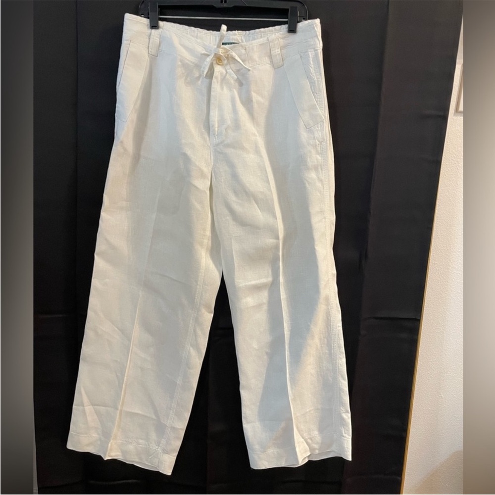 Lauren Ralph Lauren 100% Linen White Wide Leg High Rise Drawstring Pants